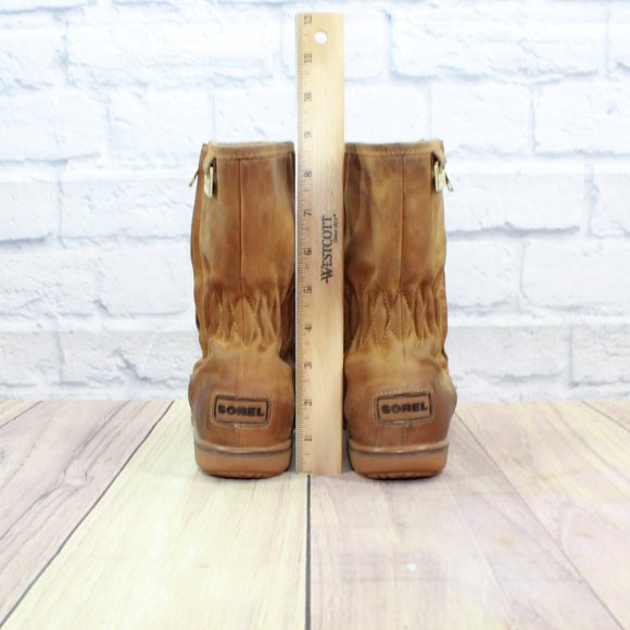 SOREL Brown Leather Gold Logo Round Toe Side Zip Winter Boots Size 8 - Picture 6 of 10